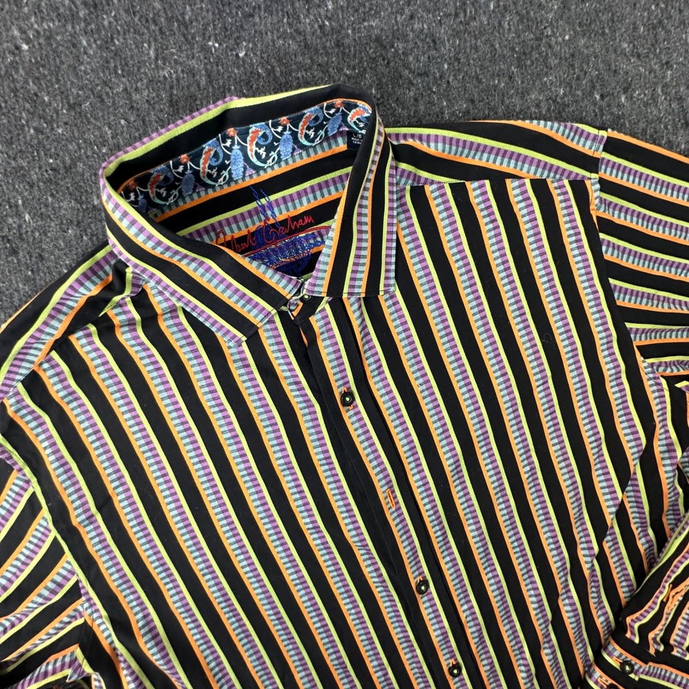 Robert Graham Mens Shirt Large L Striped Embroidered Placket Flip Cuff Cotton